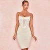 Trendy & Unique Trendy Strapless Mesh Ruched Bodycon Corset Mini Dress - Beige What's New