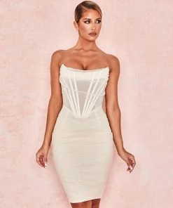 Trendy & Unique Trendy Strapless Mesh Ruched Bodycon Corset Mini Dress - Beige What's New