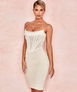 Trendy & Unique Trendy Strapless Mesh Ruched Bodycon Corset Mini Dress - Beige What's New