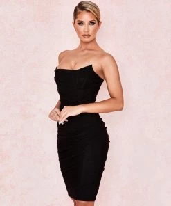 Trendy & Unique Trendy Strapless Mesh Ruched Bodycon Corset Mini Dress - Black What's New