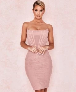 Trendy & Unique Trendy Strapless Mesh Ruched Bodycon Corset Mini Dress - Pink What's New