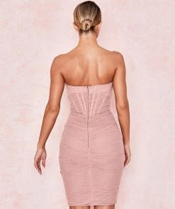 Trendy & Unique Trendy Strapless Mesh Ruched Bodycon Corset Mini Dress - Pink What's New