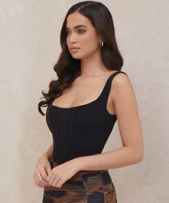Trendy & Unique What's New Trendy Suspender Strap Square Neck Crop Corset Top - Black