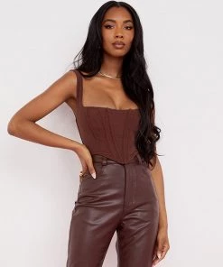 Trendy & Unique Trendy Suspender Strap Square Neck Crop Corset Top - Coffee What's New