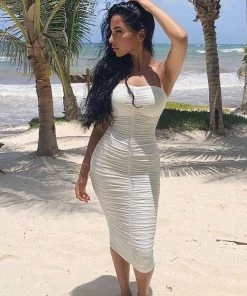 Trendy & Unique Trendy Sweetheart Strapless Ruched Bodycon Cocktail Midi Dress - White