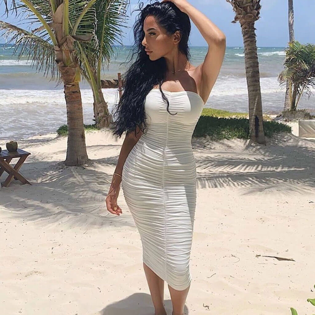 Trendy & Unique Trendy Sweetheart Strapless Ruched Bodycon Cocktail Midi Dress - White 4 Trendy & Unique Trendy Sweetheart Strapless Ruched Bodycon Cocktail Midi Dress - White