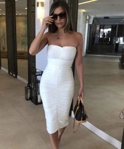 Trendy & Unique Trendy Sweetheart Strapless Ruched Bodycon Cocktail Midi Dress - White 8 Trendy & Unique Trendy Sweetheart Strapless Ruched Bodycon Cocktail Midi Dress - White