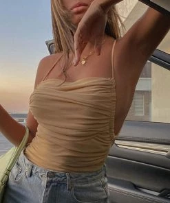 Trendy & Unique What's New Trendy Tied Back Ruched Trim High Cut Backless Bodysuit - Khaki