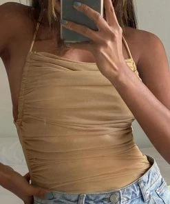 Trendy & Unique What's New Trendy Tied Back Ruched Trim High Cut Backless Bodysuit - Khaki