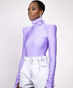 Trendy & Unique Trendy Turtleneck Long Sleeve Shoulder Pad Seamless Bodysuit - Purple