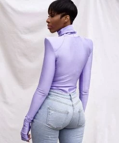 Trendy & Unique Trendy Turtleneck Long Sleeve Shoulder Pad Seamless Bodysuit - Purple