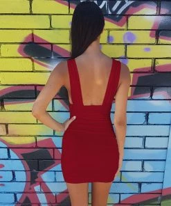 Trendy & Unique Trendy V Neck Ruched Bodycon Strapless Party Mini Dress - Burgundy What's New