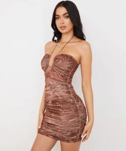 Trendy & Unique Trendy Wave Printed Halter Neck Ruched Party Mini Dress - Khaki