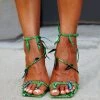 Trendy & Unique What's New Tropical Leaf Strappy Snake Print Square Toe High Heels - Green