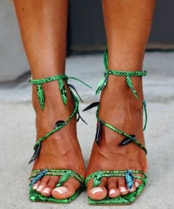 Trendy & Unique What's New Tropical Leaf Strappy Snake Print Square Toe High Heels - Green