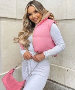 Trendy & Unique Two-Way High Neck Drawstring Edge Cropped Quilted Vest - Pink What's New