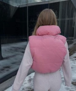 Trendy & Unique Two-Way High Neck Drawstring Edge Cropped Quilted Vest - Pink What's New