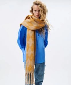 Trendy & Unique Unique Argyle Printed Mohair Tassel Narrow Wrap Scarf - Yellow What's New