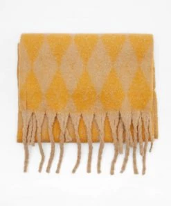 Trendy & Unique Unique Argyle Printed Mohair Tassel Narrow Wrap Scarf - Yellow What's New