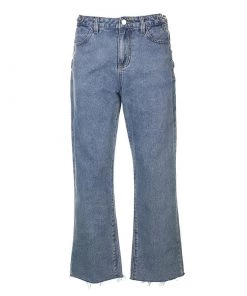 Trendy & Unique Unique Chain Side Mid Waist Frayed Straight Leg Jeans - Blue
