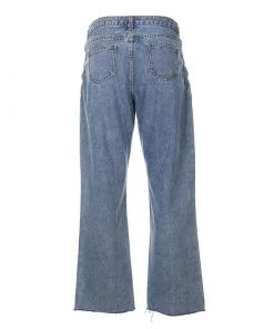 Trendy & Unique Unique Chain Side Mid Waist Frayed Straight Leg Jeans - Blue