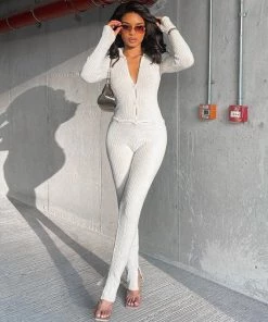 Trendy & Unique Unique Collared Button Up Long Sleeve Side Slit Ribbed Jumpsuit - Beige What's New