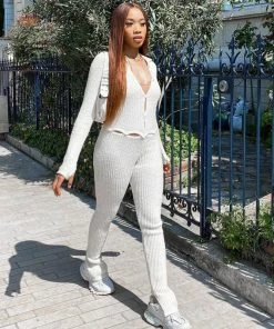 Trendy & Unique Unique Collared Button Up Long Sleeve Side Slit Ribbed Jumpsuit - Beige What's New