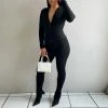 Trendy & Unique Unique Collared Button Up Long Sleeve Side Slit Ribbed Jumpsuit - Black What's New 2 Trendy & Unique Unique Collared Button Up Long Sleeve Side Slit Ribbed Jumpsuit - Black What's New