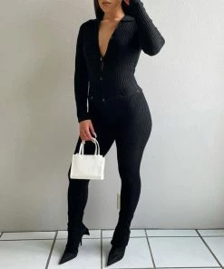 Trendy & Unique Unique Collared Button Up Long Sleeve Side Slit Ribbed Jumpsuit - Black What's New
