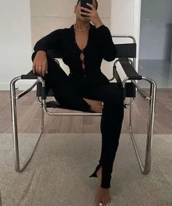 Trendy & Unique Unique Collared Button Up Long Sleeve Side Slit Ribbed Jumpsuit - Black What's New 8 Trendy & Unique Unique Collared Button Up Long Sleeve Side Slit Ribbed Jumpsuit - Black What's New