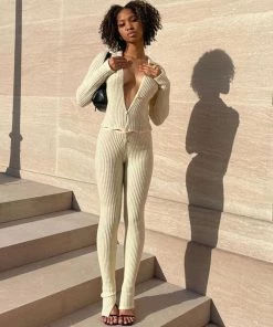 Trendy & Unique What's New Unique Collared Button Up Long Sleeve Side Slit Ribbed Jumpsuit - Cream