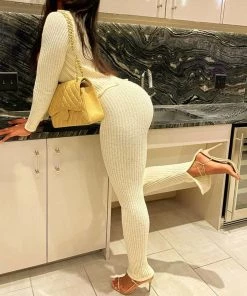 Trendy & Unique What's New Unique Collared Button Up Long Sleeve Side Slit Ribbed Jumpsuit - Cream