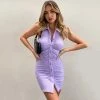 Trendy & Unique Unique Collared Halter Neck Button Down Ruched Party Mini Dress - Purple What's New