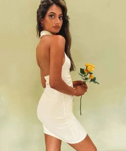 Trendy & Unique Unique Collared Halter Neck Button Down Ruched Party Mini Dress - White What's New