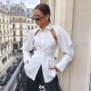 Trendy & Unique Unique Cut Out Back Tie Long Sleeve Button Up Blouse - White