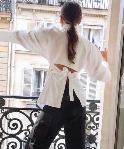 Trendy & Unique Unique Cut Out Back Tie Long Sleeve Button Up Blouse - White