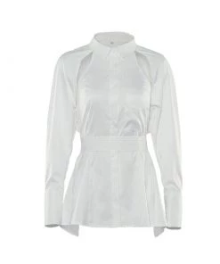 Trendy & Unique Unique Cut Out Back Tie Long Sleeve Button Up Blouse - White