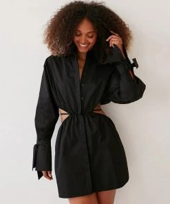 Trendy & Unique What's New Unique Cut Out Long Sleeve Button Up Shirt Mini Dress - Black