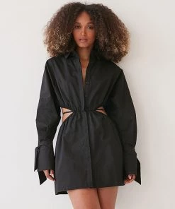 Trendy & Unique What's New Unique Cut Out Long Sleeve Button Up Shirt Mini Dress - Black