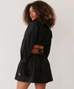 Trendy & Unique What's New Unique Cut Out Long Sleeve Button Up Shirt Mini Dress - Black