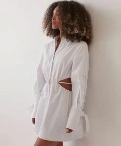 Trendy & Unique Unique Cut Out Long Sleeve Button Up Shirt Mini Dress - White What's New