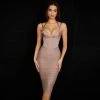 Trendy & Unique Unique Deep V Pleated Corset Halter Cocktail Midi Dress - Taupe