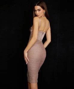 Trendy & Unique Unique Deep V Pleated Corset Halter Cocktail Midi Dress - Taupe 9 Trendy & Unique Unique Deep V Pleated Corset Halter Cocktail Midi Dress - Taupe