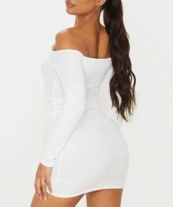 Trendy & Unique Unique Drawstring Off Shoulder Long Sleeve Rib Knit Mini Dress - Orange