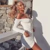 Trendy & Unique Unique Drawstring Off Shoulder Long Sleeve Rib Knit Mini Dress - White 2 Trendy & Unique Unique Drawstring Off Shoulder Long Sleeve Rib Knit Mini Dress - White