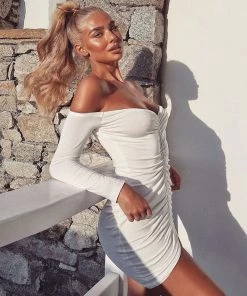 Trendy & Unique Unique Drawstring Off Shoulder Long Sleeve Rib Knit Mini Dress - White