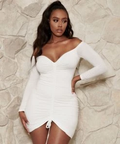 Trendy & Unique Unique Drawstring Off Shoulder Long Sleeve Rib Knit Mini Dress - White