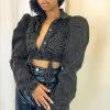 Trendy & Unique Unique Drawstring Tie Ruched Puff Sleeve Crop Denim Jacket - Black What's New