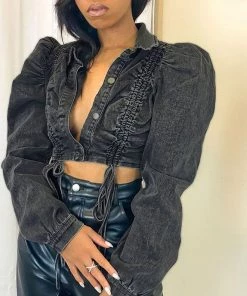 Trendy & Unique Unique Drawstring Tie Ruched Puff Sleeve Crop Denim Jacket - Black What's New