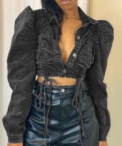 Trendy & Unique Unique Drawstring Tie Ruched Puff Sleeve Crop Denim Jacket - Black What's New